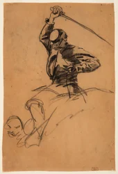 Teckning, kavallerisoldat med svärd på hästryggen, 1863