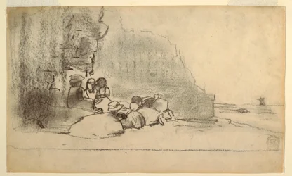 Teckning, Barn som leker vid havet, Cullercoats, England, 1881-82
