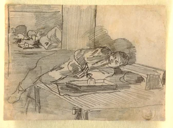 Teckning, kinesisk man som röker opiumpipa, Baxter Street Club House, New York City, ca 1874