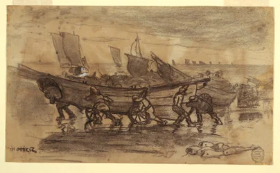 Teckning, Fiskare som strandar en dory, Cullercoats, England, 1881