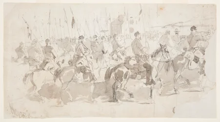 Teckning, General McClellans sjätte kavalleriregemente embarkerar i Alexandria för Old Point Comfort, 2 april 1862