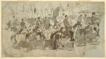 Teckning, General McClellans sjätte kavalleriregemente embarkerar i Alexandria för Old Point Comfort, 2 april 1862