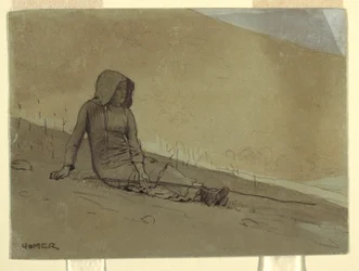 Teckning, flicka sittande på en bergssluttning, 1878