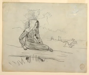 Teckning, flicka sittande på en trädstam, 1879