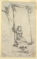 Teckning, flicka på en gunga, 1879