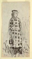 Teckning, flicka med lunchhink, 1879