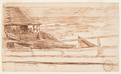 Teckning, Hus vid en räcke med strandade doryer, Cullercoats, England, 1881