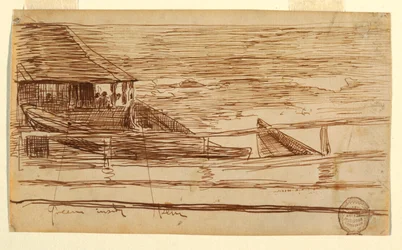 Teckning, Hus vid en räcke med strandade doryer, Cullercoats, England, 1881