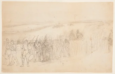 Teckning, marscherande infanterikolonn, ca 1862