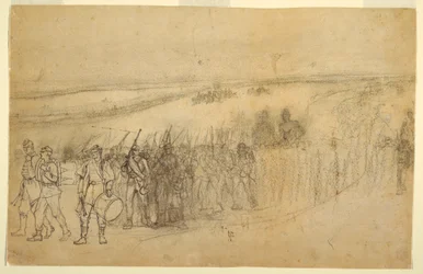 Teckning, marscherande infanterikolonn, ca 1862