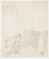 Teckning, Män och kvinnor tittar ut över havet, Cullercoats, England, 1881