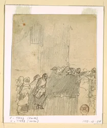 Teckning, Män och kvinnor tittar ut över havet, Cullercoats, England, 1881