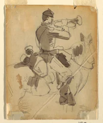 Ritning, beriden hornblåsare, 1862