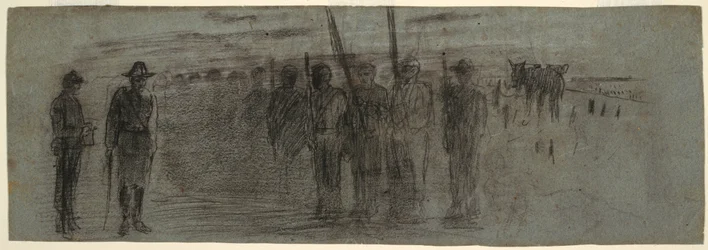 Teckning, officer och adjutant inspekterar en eskader, möjligen 1864