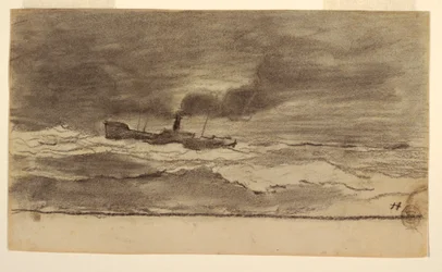 Teckning, Havslandskap med fisketrålare, Cullercoats, England, 1881-82
