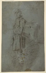 Teckning, sidovy av en trumslagare, ca 1864