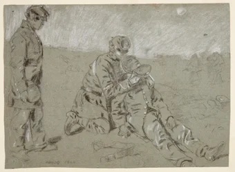 Teckning, Soldat ger vatten till en sårad kamrat, 1864