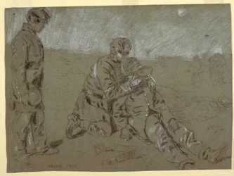 Teckning, soldat som ger vatten till en skadad kamrat, 1864