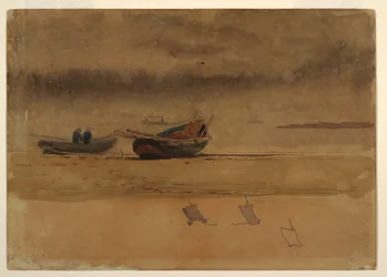Teckning, akterutsikt över två roddbåtar, England, 1881-82