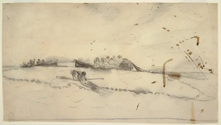 Teckning, Tre båtar med fiskare som lägger ut ett nät, 1881-82