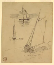 Teckning, Tre skisser av skonare, troligen 1880