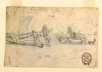 Teckning, Två båtar på stranden med figurer, Cullercoats, England, 1881-82