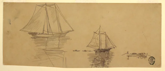 Teckning, Två skonare och doryer, ca 1880
