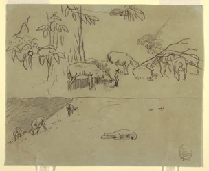 Teckning, Två vyer av får som betar på en åker, troligen 1875-78