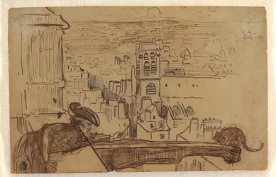 Teckning, utsikt över Paris med Notre Dame-katedralens torn, 1867