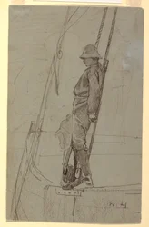 Teckning, ung man lutar sig mot segelbåtsriggen, troligen 1861-62