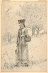 Teckning, Ung kvinna går genom ett fält, 1879