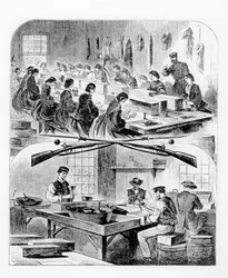 Fyllning av patroner vid arsenalen i Watertown, Massachusetts, 1860-talet