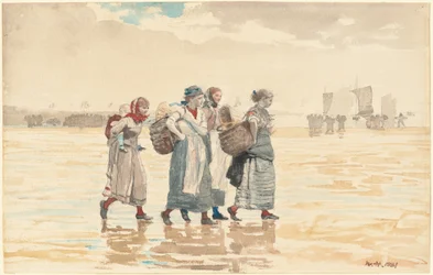 Fyra fiskfruar på stranden