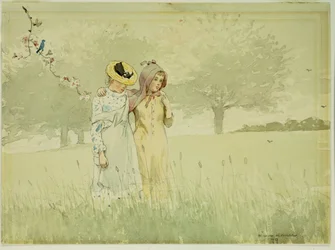 Flickor som promenerar i en fruktträdgård, 1879
