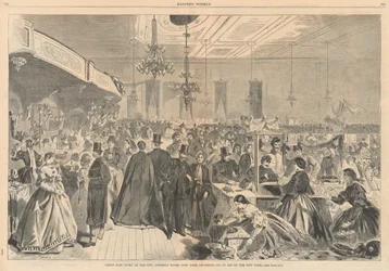 Stor mässa hölls i stadens samlingslokaler, New York, december 1861, till förmån för stadens fattiga; från Harper