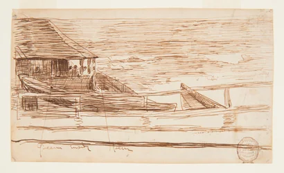 Hus vid ett räcke med strandade dories