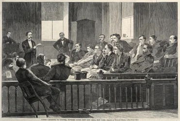 Jurymedlemmar lyssnar på rådgivare, Högsta domstolen, New City Hall, New York, 1869.