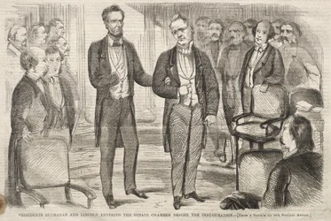 Presidenterna Buchanan och Lincoln går in i senatens kammare före invigningen