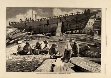Skeppsbyggnad, Gloucester Harbor, från Harper