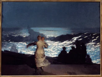 Sommarnatt. Kvinnor dansar i månsken. Målning av Winslow Homer (1836-1910). Amerikanska skolan