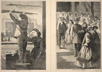 Thanksgiving Day--Hanging up the Musket/Thanksgiving Day--The Church Porch, från Frank Leslie