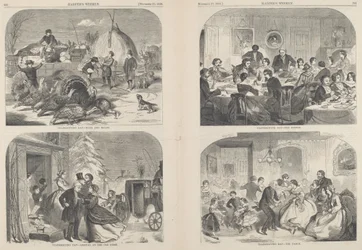 Thanksgiving Day - Ways and Means [övre till vänster], publicerad 1858.