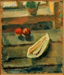 Stilleben med melon och äpplen