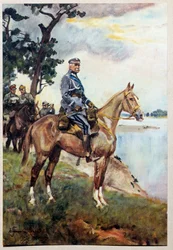 Ridsporträtt av Marechal Jozef (Joseph) Klemens Pilsudski (1867-1935) på sin favorithäst Kasztanka. Målning av Woiciech Von Kossak (1857-1942)