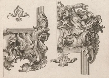 Förslag till dekoration av nedre högra och övre högra delen av en altarram..., tryckt ca. 1750-56.