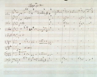 Sida med partitur av Symphony NO. 8 i D-dur, av Mozart (1768)