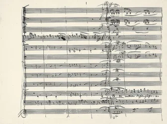 Wolfgang Amadeus Mozart (1756-1791) österrikisk kompositör. Autograf på slutet av eldmusiken och början på duetten Paminas och Taminos (Vi gick gluten genom elden) från Trollflöjten. 1791