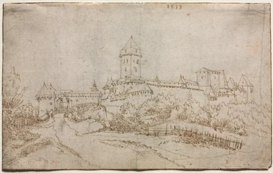 Vy över ett slott recto, åttasidig kopp verso, 1513.