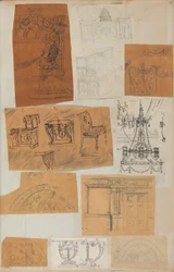 Sida från en klippbok som innehåller ritningar och flera utskrifter av arkitektur, Int..., ca. 1800-1850. Skapare: Workshop av Charles Percier, Workshop av Pierre François Léonard Fontaine.