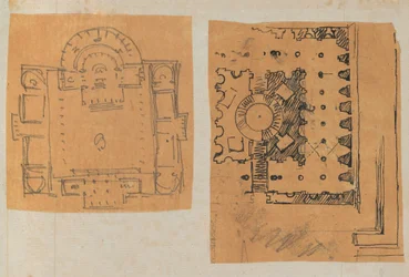 Sida från en klippbok som innehåller ritningar och flera utskrifter av arkitektur, Int..., ca. 1800-1850. Skapare: Workshop av Charles Percier, Workshop av Pierre François Léonard Fontaine.